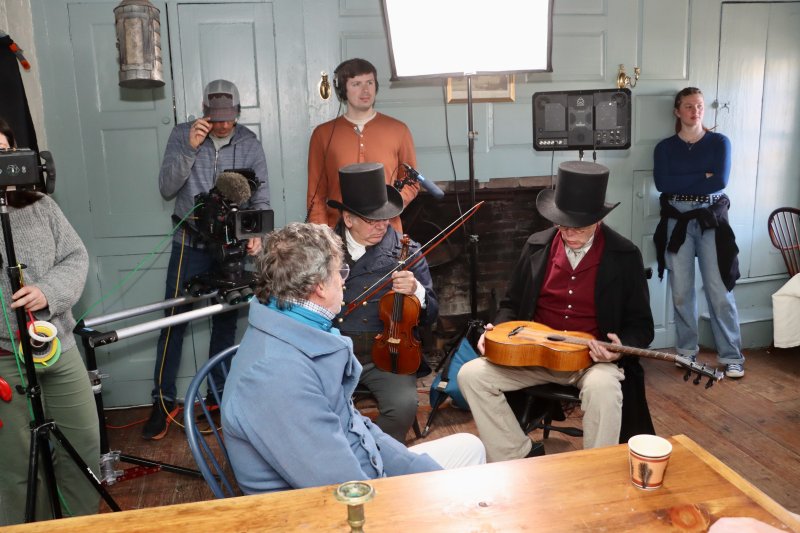 Some actors played musical instruments for the scene shot inside Sussex Tavern. L-r, in back, Danielle Bryant, Jesse Beecher, cinematographer, John McCulloch, associate producer, Audrey Calhoun, associate producer. Actors in front, Frank Cebula, Chuck Krepley and Gary Smith.